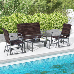 4 Piece Patio Wicker Glider Set, Loveseat Glider Rated 800 lb, 2 Single Gliders Rated 400 lb with Quick Dry Seats and Glass Top Table