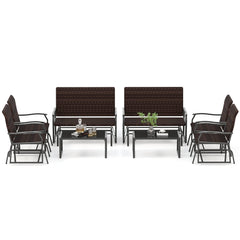 4 Piece Patio Wicker Glider Set, Loveseat Glider Rated 800 lb, 2 Single Gliders Rated 400 lb with Quick Dry Seats and Glass Top Table