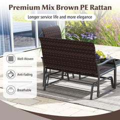 4 Piece Patio Wicker Glider Set, Loveseat Glider Rated 800 lb, 2 Single Gliders Rated 400 lb with Quick Dry Seats and Glass Top Table