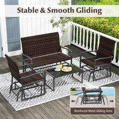 4 Piece Patio Wicker Glider Set, Loveseat Glider Rated 800 lb, 2 Single Gliders Rated 400 lb with Quick Dry Seats and Glass Top Table