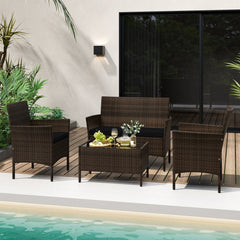 4 Piece Patio Rattan Conversation Set, Brown Wicker Loveseat Rated 800 lb, 2 Chairs Rated 400 lb with Black Cushions and Glass Top Table