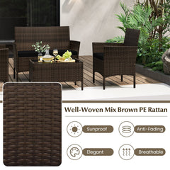 4 Piece Patio Rattan Conversation Set, Brown Wicker Loveseat Rated 800 lb, 2 Chairs Rated 400 lb with Black Cushions and Glass Top Table