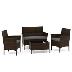 4 Piece Patio Rattan Conversation Set, Brown Wicker Loveseat Rated 800 lb, 2 Chairs Rated 400 lb with Grey Cushions and Glass Top Table