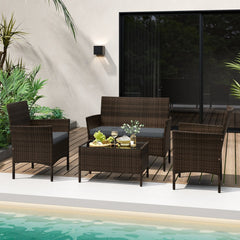 4 Piece Patio Rattan Conversation Set, Brown Wicker Loveseat Rated 800 lb, 2 Chairs Rated 400 lb with Grey Cushions and Glass Top Table