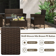 4 Piece Patio Rattan Conversation Set, Brown Wicker Loveseat Rated 800 lb, 2 Chairs Rated 400 lb with Grey Cushions and Glass Top Table