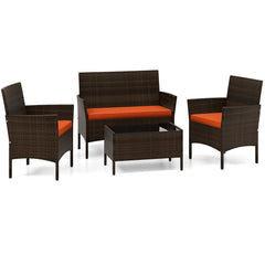 4 Piece Patio Rattan Conversation Set, Brown Wicker Loveseat Rated 800 lb, 2 Chairs Rated 400 lb with Orange Cushions and Glass Top Table