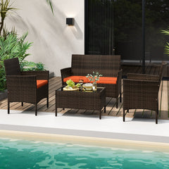 4 Piece Patio Rattan Conversation Set, Brown Wicker Loveseat Rated 800 lb, 2 Chairs Rated 400 lb with Orange Cushions and Glass Top Table