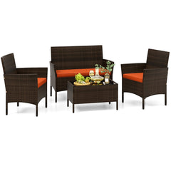 4 Piece Patio Rattan Conversation Set, Brown Wicker Loveseat Rated 800 lb, 2 Chairs Rated 400 lb with Orange Cushions and Glass Top Table
