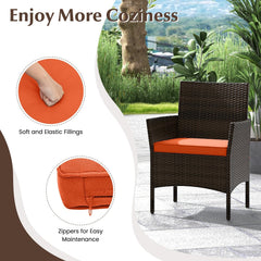 4 Piece Patio Rattan Conversation Set, Brown Wicker Loveseat Rated 800 lb, 2 Chairs Rated 400 lb with Orange Cushions and Glass Top Table