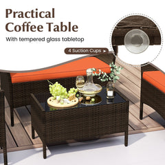 4 Piece Patio Rattan Conversation Set, Brown Wicker Loveseat Rated 800 lb, 2 Chairs Rated 400 lb with Orange Cushions and Glass Top Table