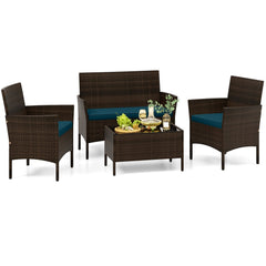 4 Piece Patio Rattan Conversation Set, Brown Wicker Loveseat Rated 800 lb, 2 Chairs Rated 400 lb with Peacock Blue Cushions and Glass Top Table