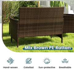 4 Piece Patio Rattan Conversation Set, Brown Wicker Loveseat Rated 800 lb, 2 Chairs Rated 400 lb with Peacock Blue Cushions and Glass Top Table