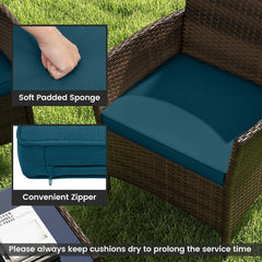 4 Piece Patio Rattan Conversation Set, Brown Wicker Loveseat Rated 800 lb, 2 Chairs Rated 400 lb with Peacock Blue Cushions and Glass Top Table