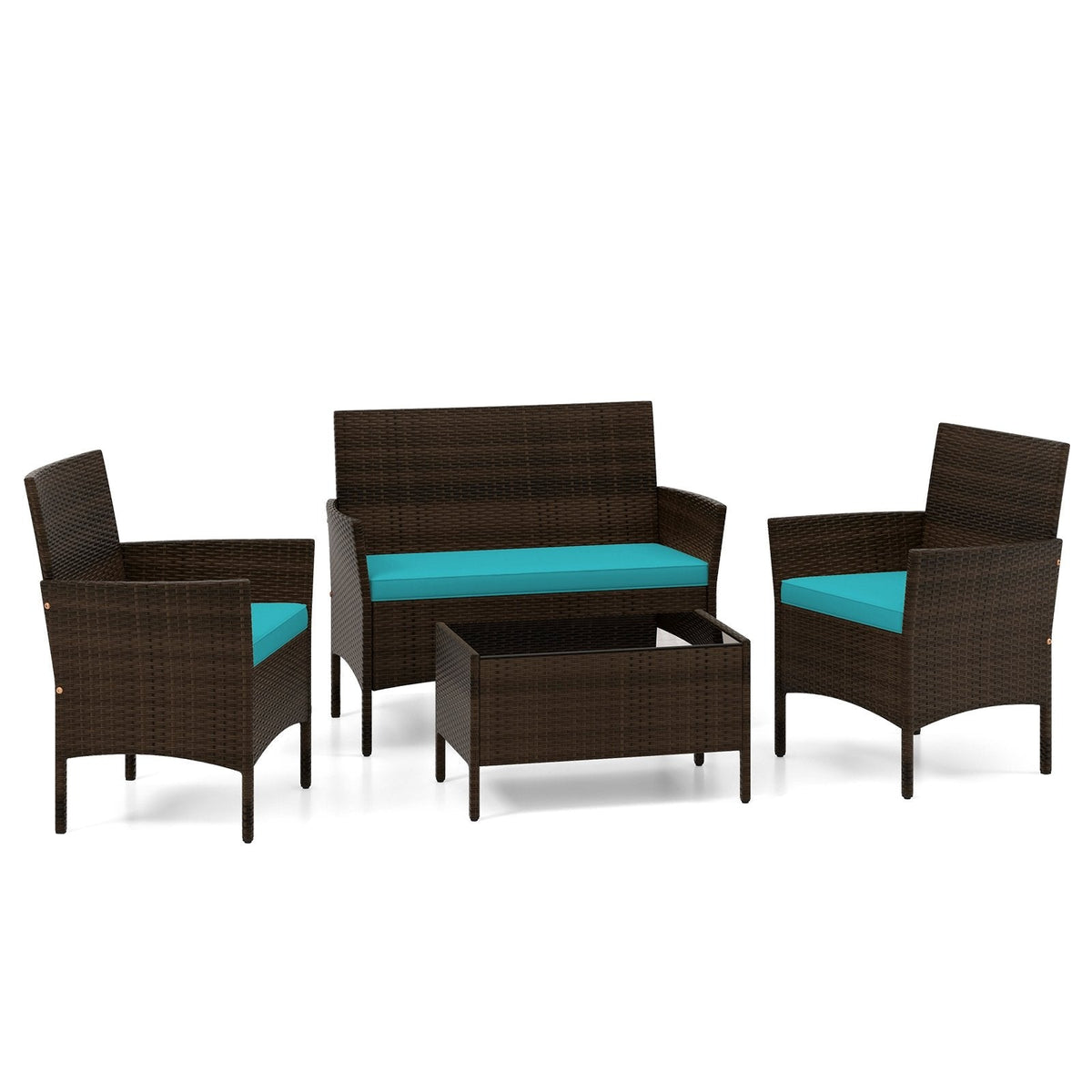 4 Piece Patio Rattan Conversation Set, Brown Wicker Loveseat Rated 800 lb, 2 Chairs Rated 400 lb with Turquoise Cushions and Glass Top Table