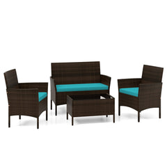 4 Piece Patio Rattan Conversation Set, Brown Wicker Loveseat Rated 800 lb, 2 Chairs Rated 400 lb with Turquoise Cushions and Glass Top Table