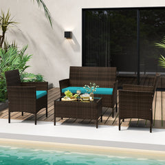 4 Piece Patio Rattan Conversation Set, Brown Wicker Loveseat Rated 800 lb, 2 Chairs Rated 400 lb with Turquoise Cushions and Glass Top Table
