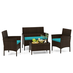 4 Piece Patio Rattan Conversation Set, Brown Wicker Loveseat Rated 800 lb, 2 Chairs Rated 400 lb with Turquoise Cushions and Glass Top Table