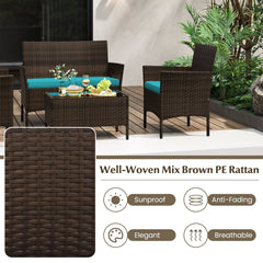 4 Piece Patio Rattan Conversation Set, Brown Wicker Loveseat Rated 800 lb, 2 Chairs Rated 400 lb with Turquoise Cushions and Glass Top Table