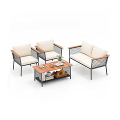 4 Piece Patio Conversation Set, Rope Sided Loveseat Rated 800 lb, 2 Armchairs Rated 400 lb with Off White Cushions and a Two Tier Acacia Table