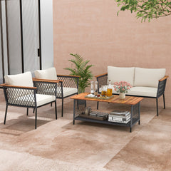 4 Piece Patio Conversation Set, Rope Sided Loveseat Rated 800 lb, 2 Armchairs Rated 400 lb with Off White Cushions and a Two Tier Acacia Table
