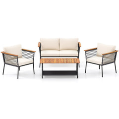 4 Piece Patio Conversation Set, Rope Sided Loveseat Rated 800 lb, 2 Armchairs Rated 400 lb with Off White Cushions and a Two Tier Acacia Table