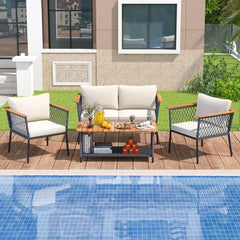 4 Piece Patio Conversation Set, Rope Sided Loveseat Rated 800 lb, 2 Armchairs Rated 400 lb with Off White Cushions and a Two Tier Acacia Table