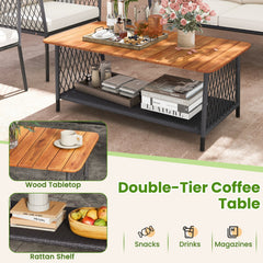 4 Piece Patio Conversation Set, Rope Sided Loveseat Rated 800 lb, 2 Armchairs Rated 400 lb with Off White Cushions and a Two Tier Acacia Table