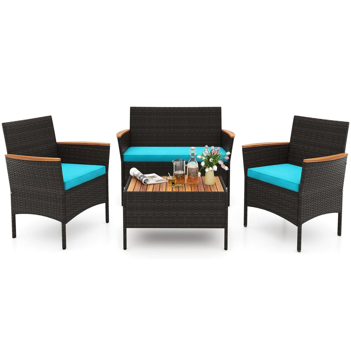 4 Piece Patio Wicker Sofa Set, Loveseat Rated 800 lb, 2 Armchairs Rated 400 lb with Acacia Arms, Turquoise Cushions and Acacia Top Table