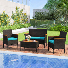 4 Piece Patio Wicker Sofa Set, Loveseat Rated 800 lb, 2 Armchairs Rated 400 lb with Acacia Arms, Turquoise Cushions and Acacia Top Table
