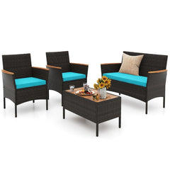 4 Piece Patio Wicker Sofa Set, Loveseat Rated 800 lb, 2 Armchairs Rated 400 lb with Acacia Arms, Turquoise Cushions and Acacia Top Table
