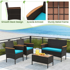 4 Piece Patio Wicker Sofa Set, Loveseat Rated 800 lb, 2 Armchairs Rated 400 lb with Acacia Arms, Turquoise Cushions and Acacia Top Table