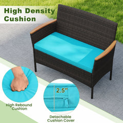 4 Piece Patio Wicker Sofa Set, Loveseat Rated 800 lb, 2 Armchairs Rated 400 lb with Acacia Arms, Turquoise Cushions and Acacia Top Table