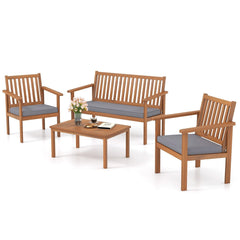 4 Piece Acacia Wood Patio Conversation Set, Slatted Loveseat Rated 800 lb and 2 Armchairs Rated 400 lb with Grey Cushions and Coffee Table