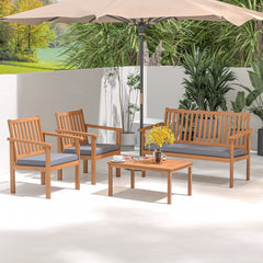 4 Piece Acacia Wood Patio Conversation Set, Slatted Loveseat Rated 800 lb and 2 Armchairs Rated 400 lb with Grey Cushions and Coffee Table