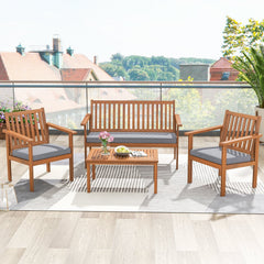 4 Piece Acacia Wood Patio Conversation Set, Slatted Loveseat Rated 800 lb and 2 Armchairs Rated 400 lb with Grey Cushions and Coffee Table