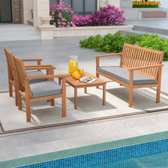 4 Piece Acacia Wood Patio Conversation Set, Slatted Loveseat Rated 800 lb and 2 Armchairs Rated 400 lb with Grey Cushions and Coffee Table