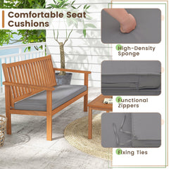 4 Piece Acacia Wood Patio Conversation Set, Slatted Loveseat Rated 800 lb and 2 Armchairs Rated 400 lb with Grey Cushions and Coffee Table