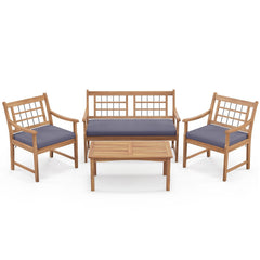 4 Piece Acacia Wood Patio Set, Lattice Back Loveseat Rated 800 lb, 2 Armchairs Rated 400 lb with Grey Cushions and a 35.5 in Coffee Table