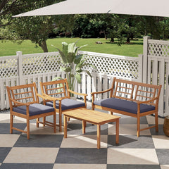 4 Piece Acacia Wood Patio Set, Lattice Back Loveseat Rated 800 lb, 2 Armchairs Rated 400 lb with Grey Cushions and a 35.5 in Coffee Table