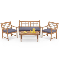 4 Piece Acacia Wood Patio Set, Lattice Back Loveseat Rated 800 lb, 2 Armchairs Rated 400 lb with Grey Cushions and a 35.5 in Coffee Table