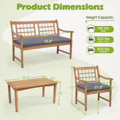4 Piece Acacia Wood Patio Set, Lattice Back Loveseat Rated 800 lb, 2 Armchairs Rated 400 lb with Grey Cushions and a 35.5 in Coffee Table