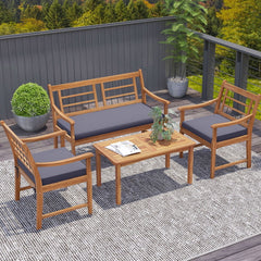 4 Piece Acacia Wood Patio Set, Lattice Back Loveseat Rated 800 lb, 2 Armchairs Rated 400 lb with Grey Cushions and a 35.5 in Coffee Table