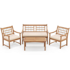 4 Piece Acacia Wood Patio Set, Lattice Back Loveseat Rated 800 lb, 2 Armchairs Rated 400 lb with Beige Cushions and a 35.5 in Coffee Table