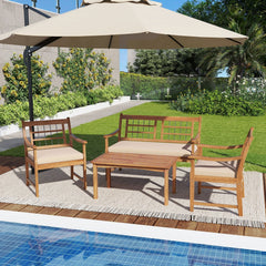 4 Piece Acacia Wood Patio Set, Lattice Back Loveseat Rated 800 lb, 2 Armchairs Rated 400 lb with Beige Cushions and a 35.5 in Coffee Table