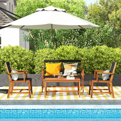 4 Piece Acacia Wood Patio Conversation Set with Black Hand Woven Rope Seats, Loveseat Rated 705 lb, 2 Chairs Rated 360 lb and Table