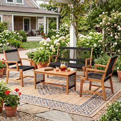 4 Piece Acacia Wood Patio Conversation Set with Black Hand Woven Rope Seats, Loveseat Rated 705 lb, 2 Chairs Rated 360 lb and Table