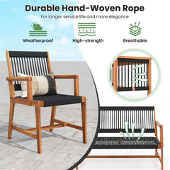 4 Piece Acacia Wood Patio Conversation Set with Black Hand Woven Rope Seats, Loveseat Rated 705 lb, 2 Chairs Rated 360 lb and Table