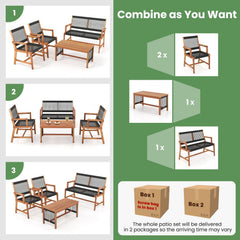 4 Piece Acacia Wood Patio Conversation Set with Black Hand Woven Rope Seats, Loveseat Rated 705 lb, 2 Chairs Rated 360 lb and Table