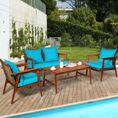 4 Piece Acacia Wood and Rattan Patio Furniture Set, 45 in Loveseat, 2 Chairs and 40 in Slatted Coffee Table, Turquoise Cushions