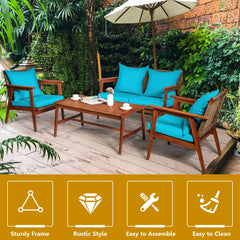 4 Piece Acacia Wood and Rattan Patio Furniture Set, 45 in Loveseat, 2 Chairs and 40 in Slatted Coffee Table, Turquoise Cushions